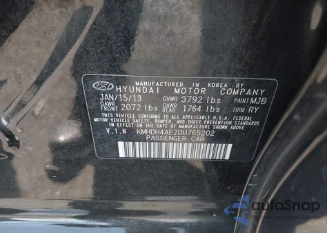 2013 Hyundai Elantra Limited from USA, damaged, VIN KMHDH4AE2DU765202